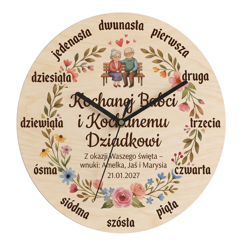 Drewniany zegar ścienny z własnym nadrukiem – pełna personalizacja tarczy 28 cm