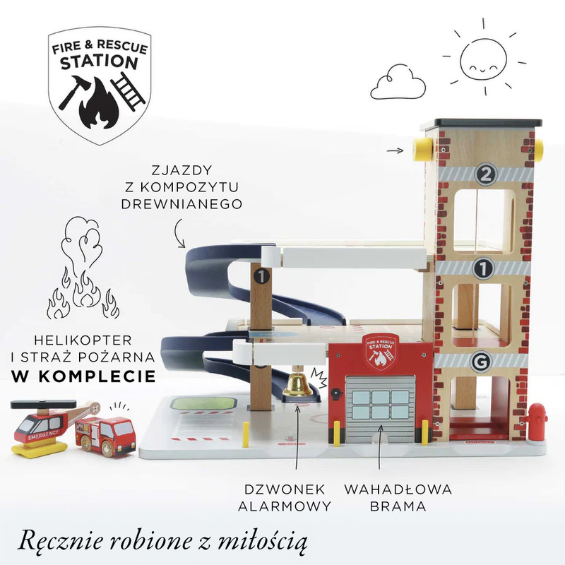 Drewniany garaż wielopoziomowy służby ratunkowe, zabawka, dzieci Le Toy Van