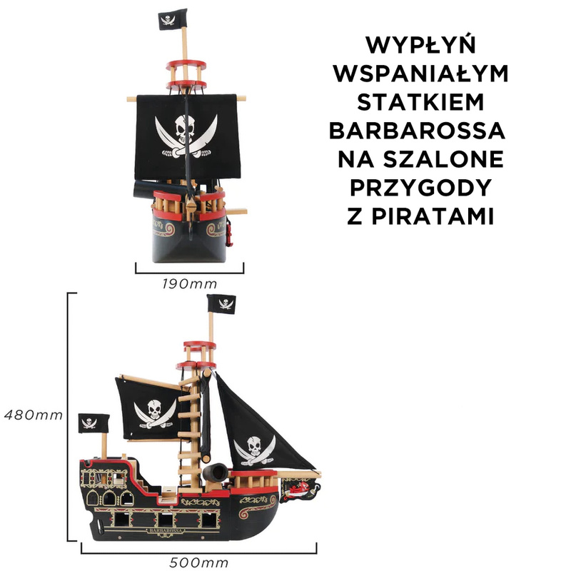Drewniany statek piracki Barbarossa, zabawka dla dzieci, Le Toy Van