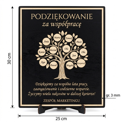 Czarna personalizowana tabliczka podziękowanie za współpracę Twój napis i grafika