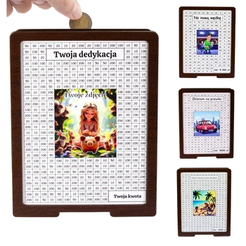 Personalizowana skarbonka wykreślana z własną grafiką i dowolnym celem wenge
