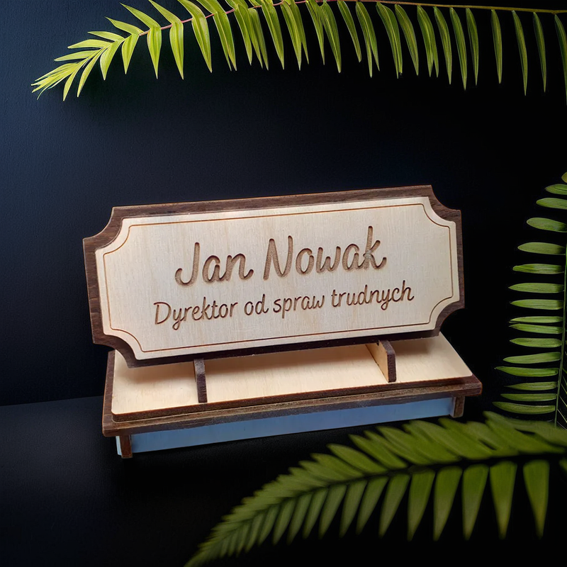 Wooden desk plaque with engraving