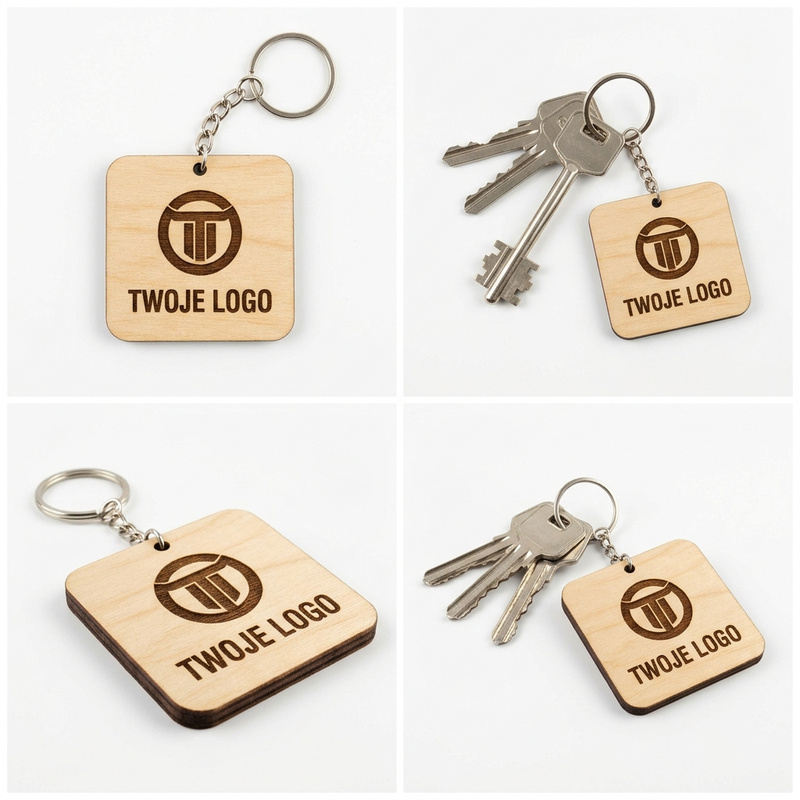 Drewniany brelok z Twoim logo firmowym – grawerowany upominek ze sklejki