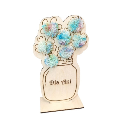 Wooden bouquet of blue flowers with dedication