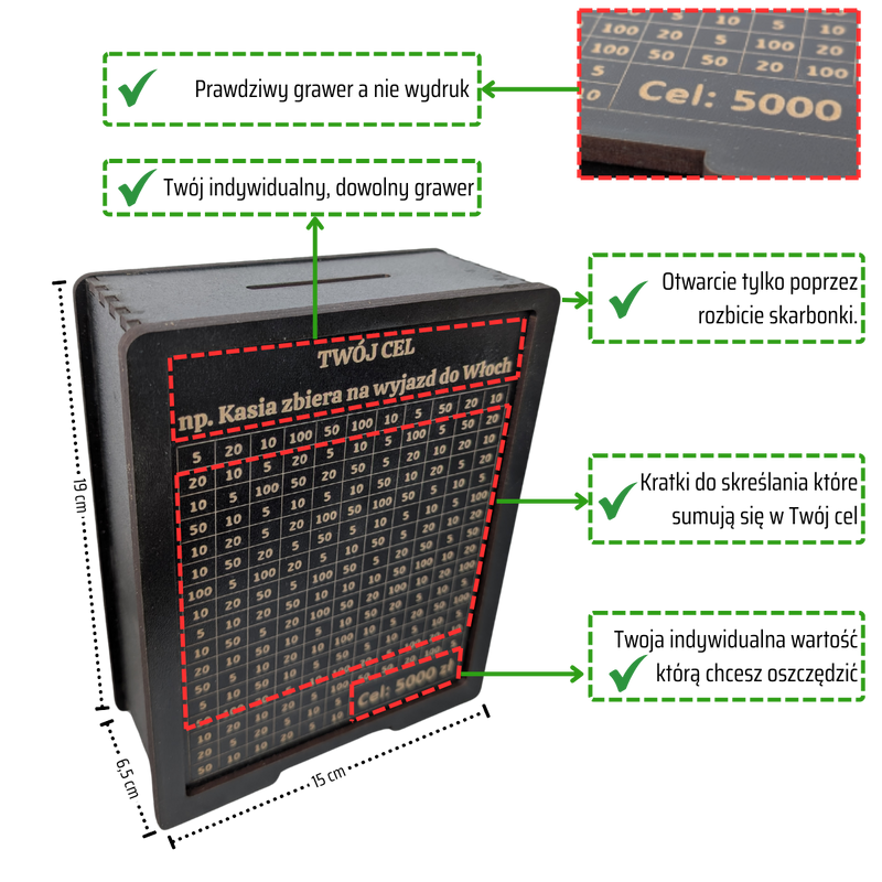 Skarbonka wykreślana - personalizowana, z twoim celem i kwotą. Tracker / wyzwanie na prezent. Czarna