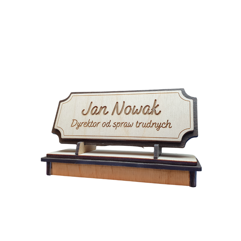 Wooden desk plaque with engraving