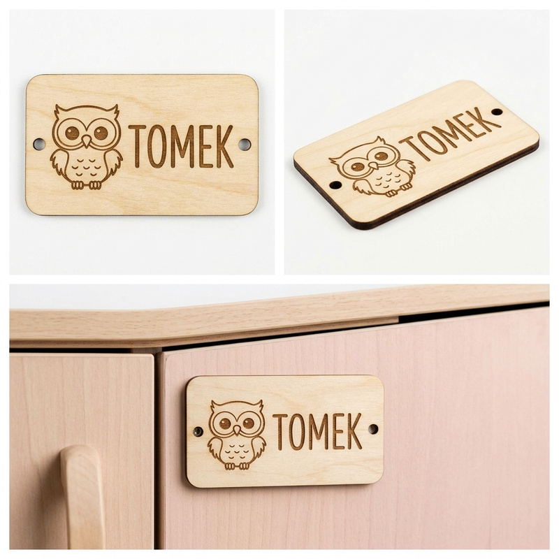 Personalizowana drewniana plakietka na szafkę z Twoim imieniem – wzór Sówka