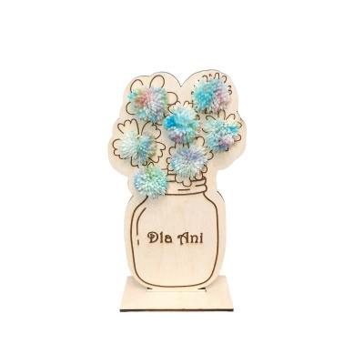 Wooden bouquet of blue flowers with dedication