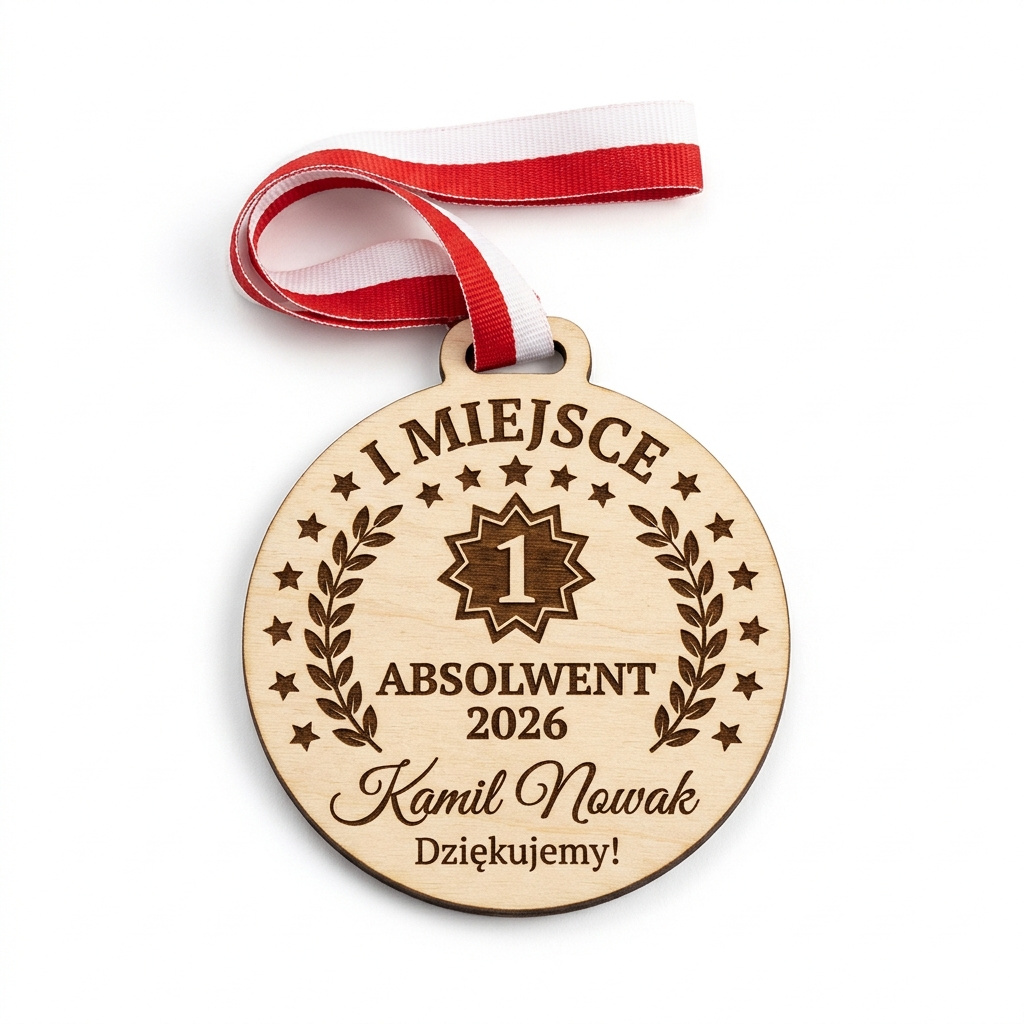 Drewniany medal za I miejsce z Twoim napisem i imieniem zwycięzcy