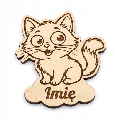 Magnes drewniany z imieniem na urodziny dziecka „Kotek” — 8 cm