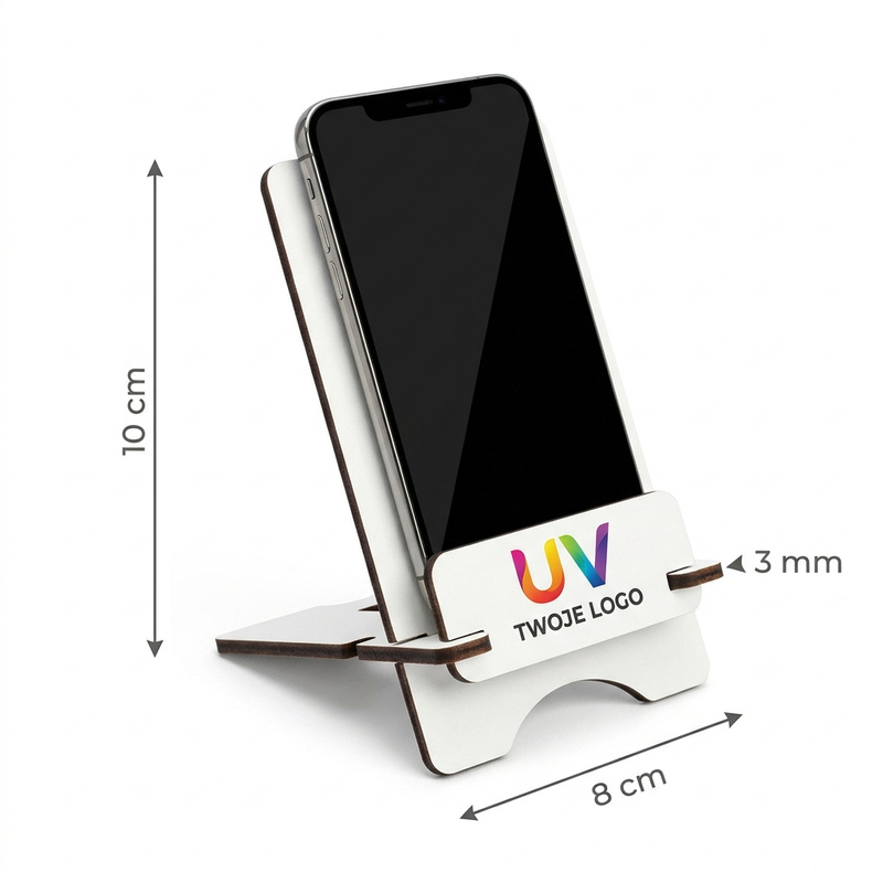 Biała podstawka pod telefon z Twoim kolorowym logo UV – personalizowany stojak biurkowy