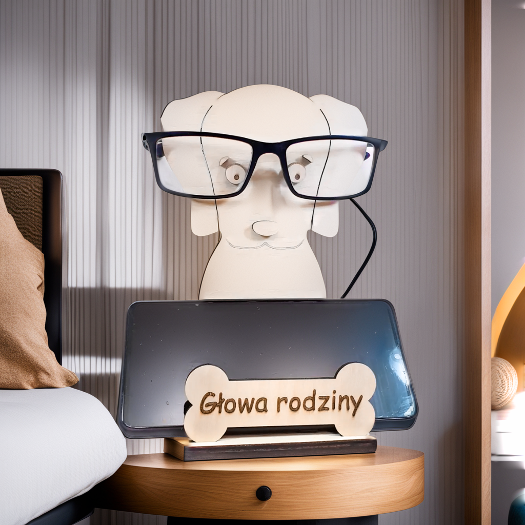 Drewniany stojak na okulary i telefon 'Piesek'