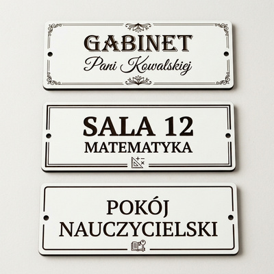 Biała Tabliczka na Drzwi do Gabinetu Nauczyciela z Twoim Napisem – HDF 20x8 cm