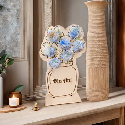 Wooden bouquet of blue flowers with dedication