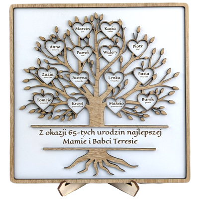 Drzewko w ramce - personalizowane z życzeniami, 1-20 serduszek. Biały/dąb