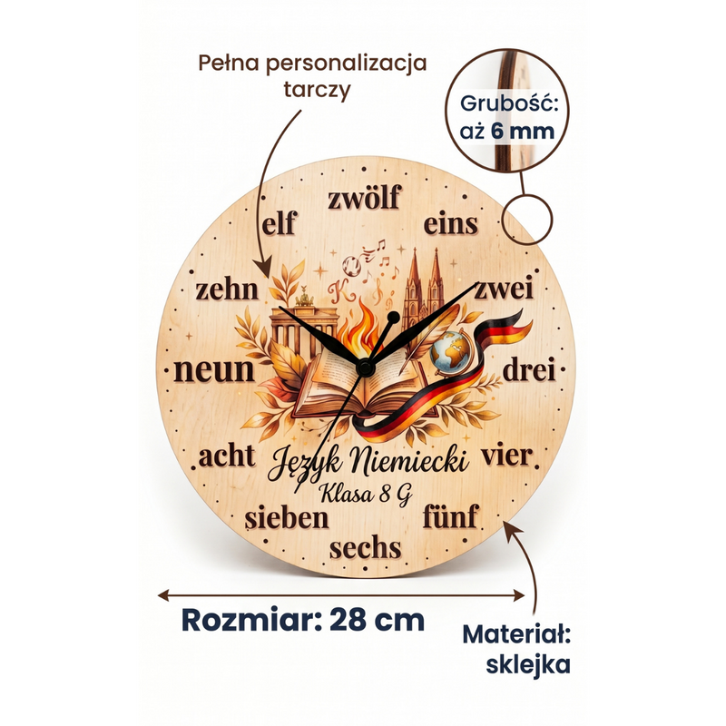 Drewniany zegar ścienny z własnym nadrukiem – pełna personalizacja tarczy 28 cm