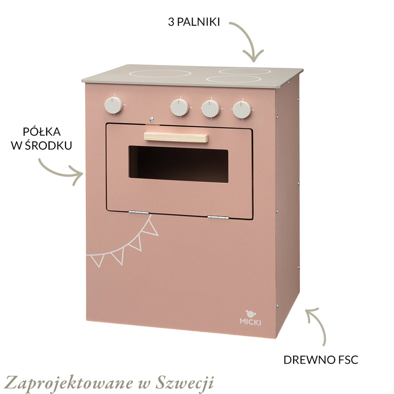 Różowa drewniana kuchenka dla dzieci, kuchnia, piekarnik gotowanie, Micki