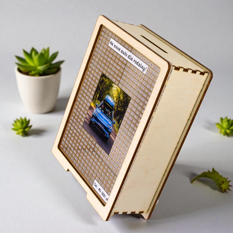 Skarbonka wykreślana przezroczysta – z Twoją grafiką, dowolny cel – Drewno