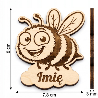 Magnes drewniany z imieniem na zakończenie przedszkola „Pszczółka” — 8 cm