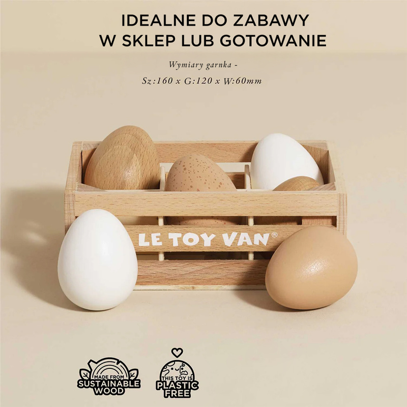 Drewniane jajka w skrzynce, zabawka dla dzieci, stragan sklep Le Toy Van