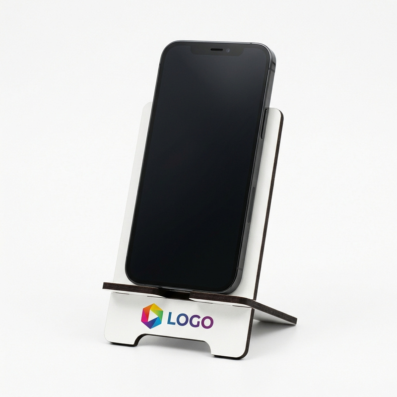 Biała podstawka pod telefon z Twoim kolorowym logo UV – personalizowany stojak biurkowy