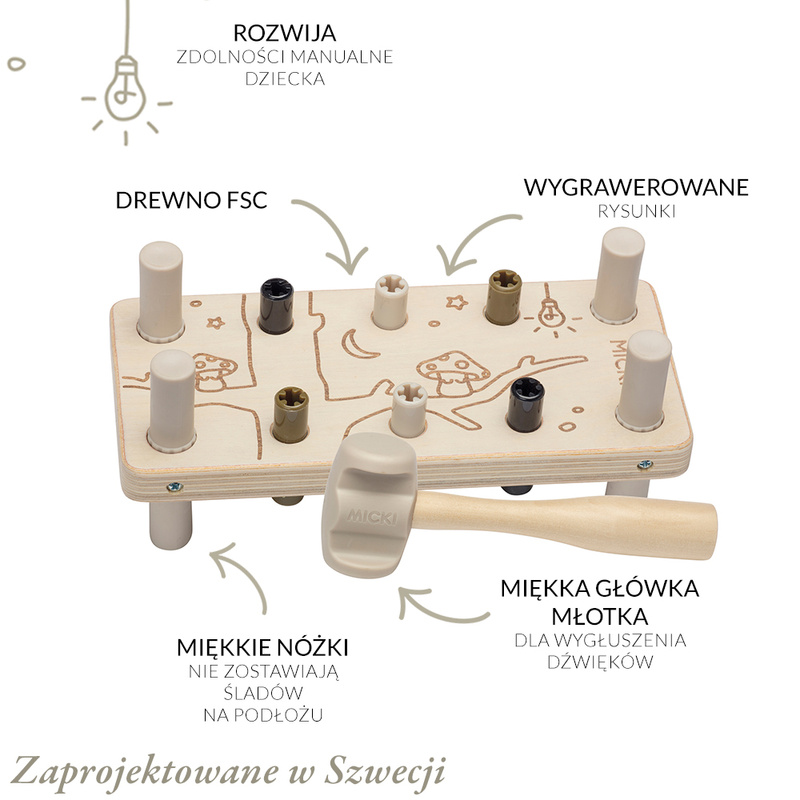 Drewniana przebijanka z gumowym młotkiem Premium, wbijanka, zabawka, Micki