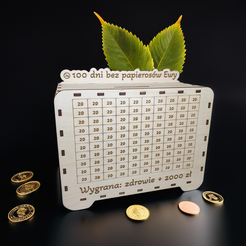 Wooden piggy bank with a target / crossword puzzle. Quit smoking.