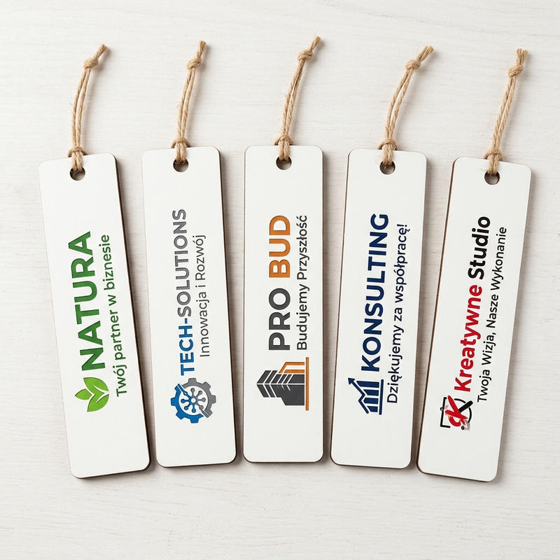 Zakładka do książki z Twoim logo firmowym UV biały HDF personalizowana