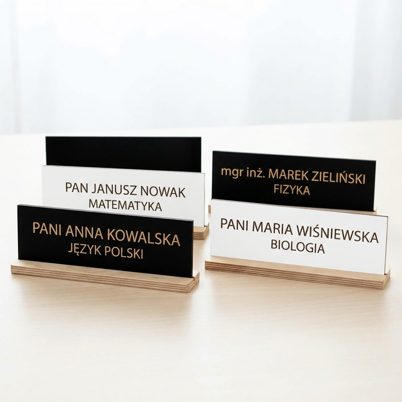 Czarna tabliczka na biurko dla nauczyciela z Twoim imieniem i przedmiotem