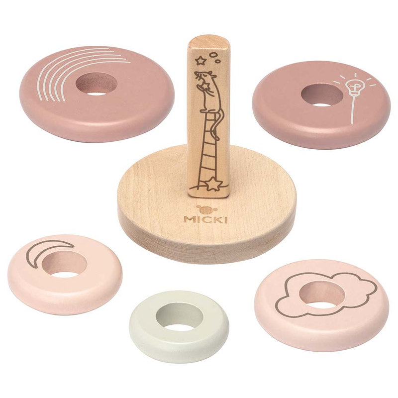 Drewniana układanka różowa piramida, zabawka nakładanka, kółka nauka, Micki