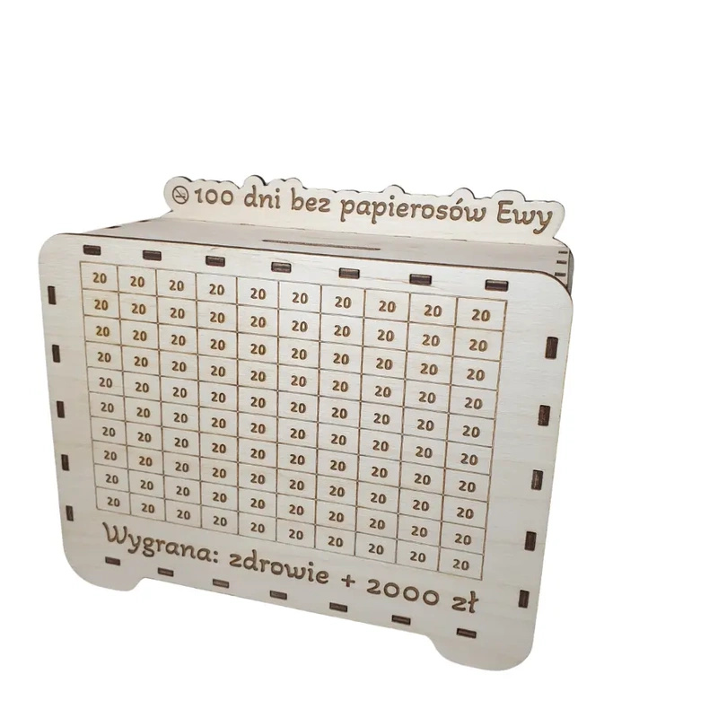 Wooden piggy bank with a target / crossword puzzle. Quit smoking.