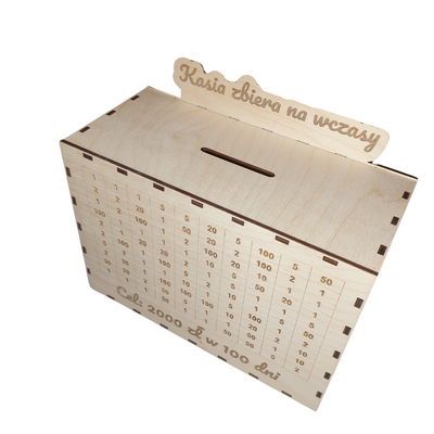 Wooden money box for saving money / crossed out. Personalized.