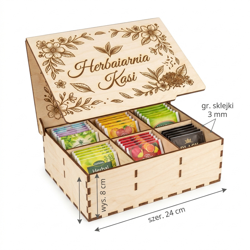 Skrzynka na herbatę z Twoim imieniem – personalizowany organizer 6 komór