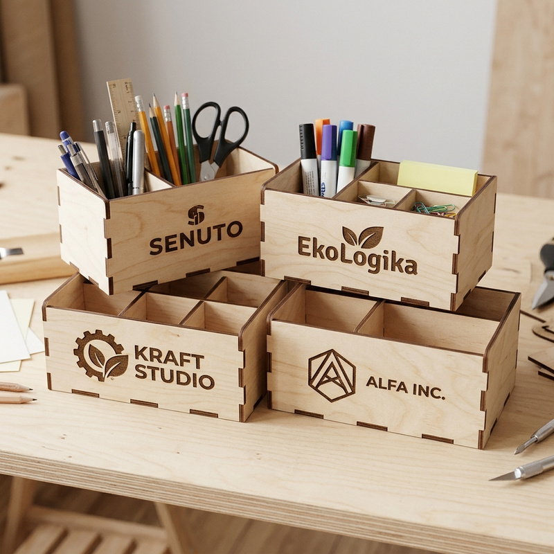 Organizer na biurko drewniany z Twoim logo | Personalizowany przybornik firmowy