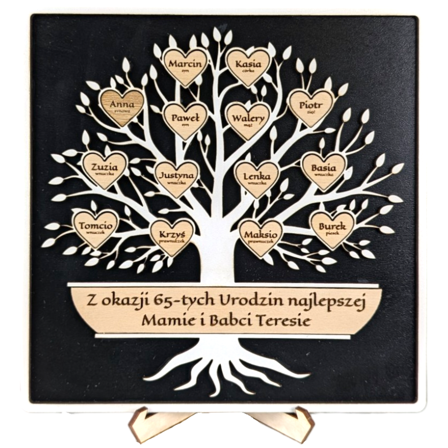 Drzewko w ramce - personalizowane z życzeniami, 1-20 serduszek. Czarno/Białe