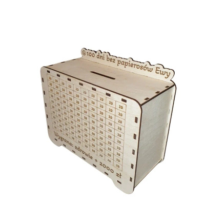 Wooden piggy bank with a target / crossword puzzle. Quit smoking.