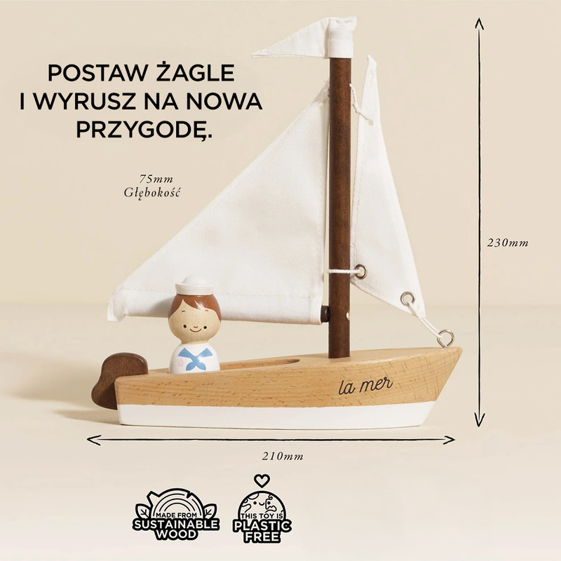 Drewniana żaglówka z kapitanem, łódka, statek zabawka dla dzieci Le Toy Van