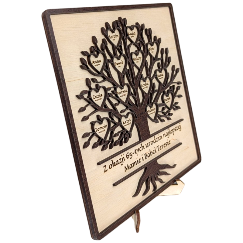 Drzewko w ramce - personalizowane z życzeniami, 1-20 serduszek. Drewno/Wenge