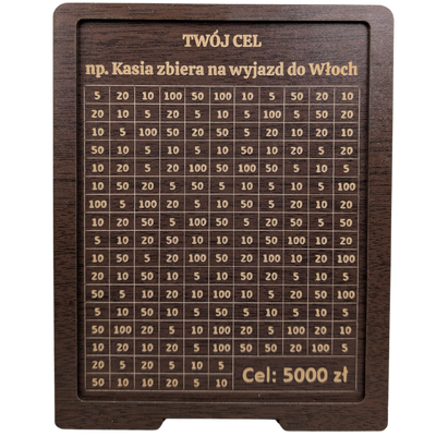 Skarbonka wykreślana - personalizowana, z twoim celem i kwotą. Tracker / wyzwanie na prezent. Wenge.