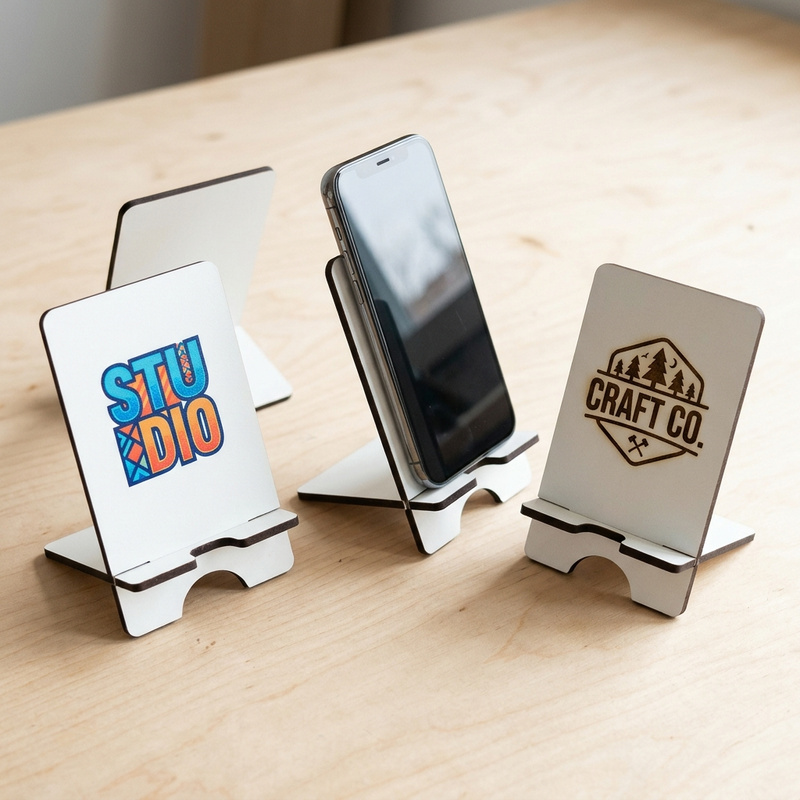 Biała podstawka pod telefon z Twoim kolorowym logo UV – personalizowany stojak biurkowy