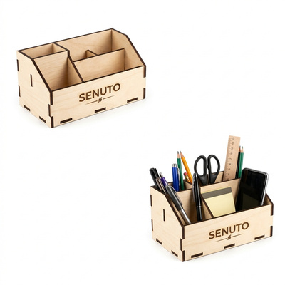 Organizer na biurko drewniany z Twoim logo | Personalizowany przybornik firmowy