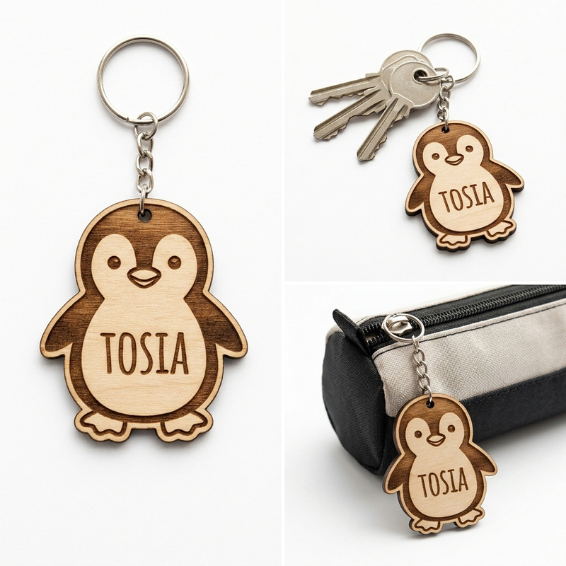 Personalizowany Brelok Drewniany Pingwin z Twoim Imieniem