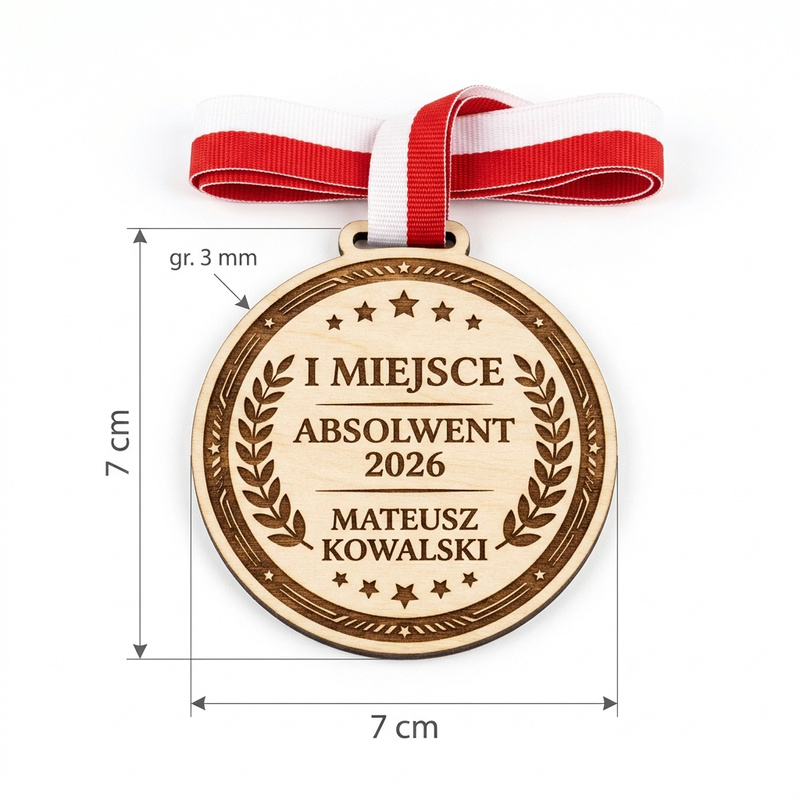 Drewniany medal za I miejsce z Twoim napisem i imieniem zwycięzcy