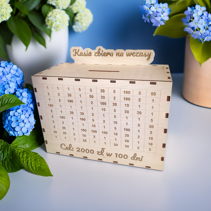 Wooden money box for saving money / crossed out. Personalized.