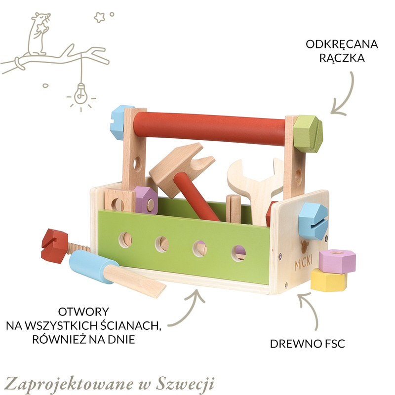 Drewniane narzędzia, zabawka dla dzieci, zestaw małego majsterkowicza Micki