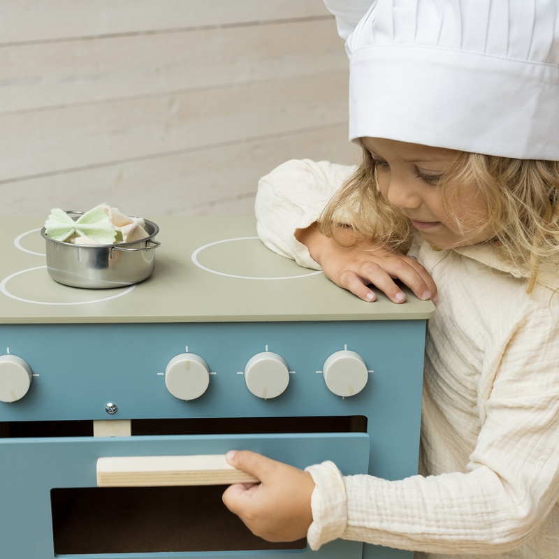 Niebieska drewniana kuchenka dla dzieci, kuchnia piekarnik gotowanie, Micki