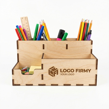 Organizer na biurko drewniany z Twoim logo | Personalizowany przybornik firmowy