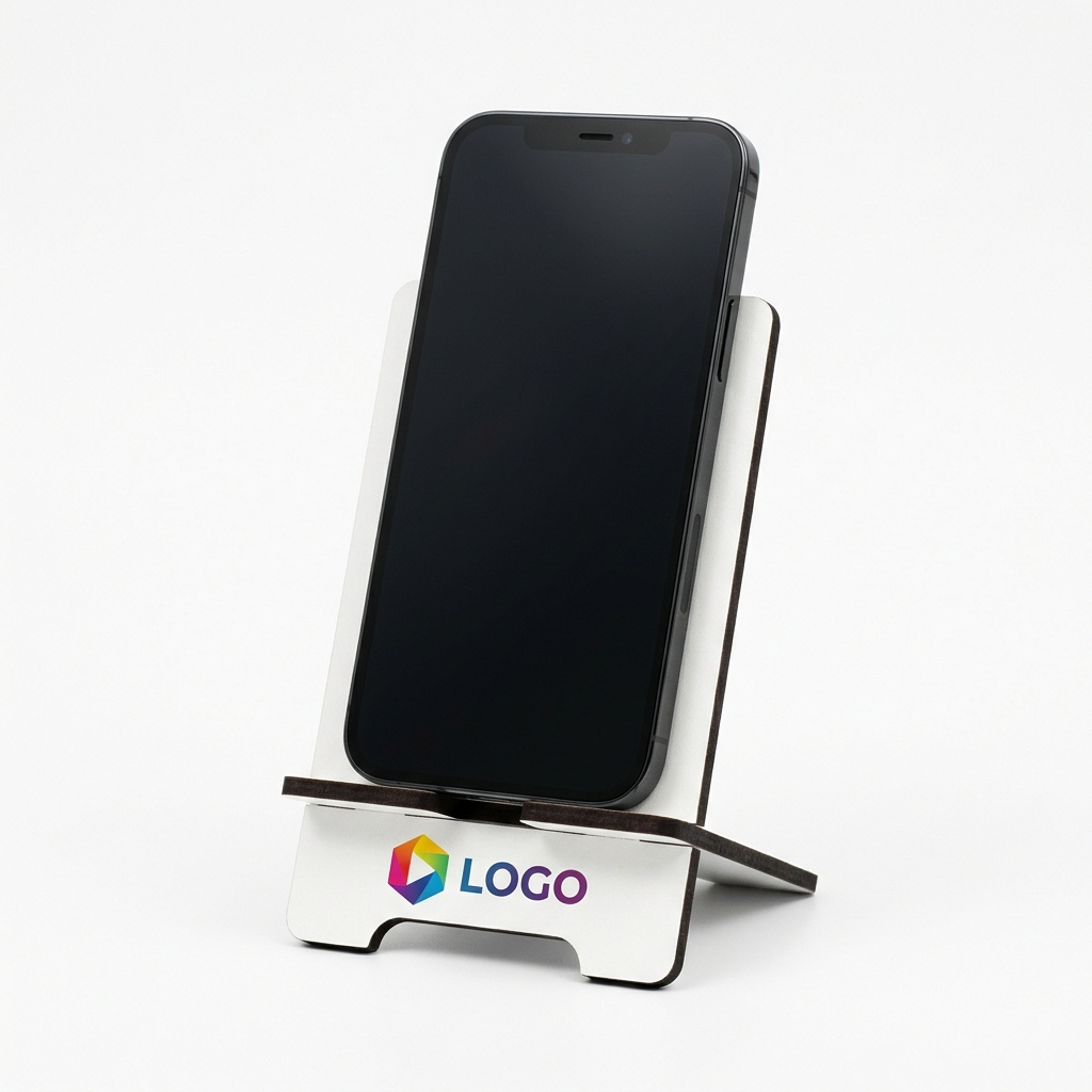 Biała podstawka pod telefon z Twoim kolorowym logo UV – personalizowany stojak biurkowy