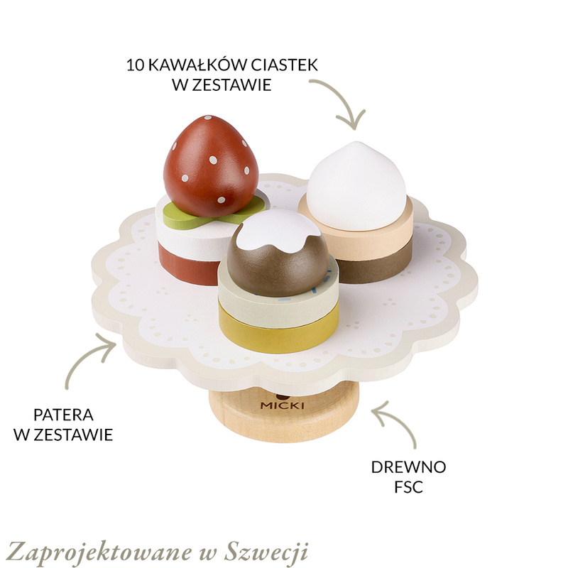 Drewniana patera z ciastkami, układanka, klocki dla dzieci, gotowanie Micki