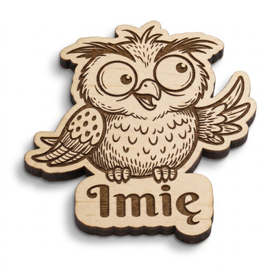 Magnes drewniany personalizowany z Twoim imieniem „Sówka” — 8 cm